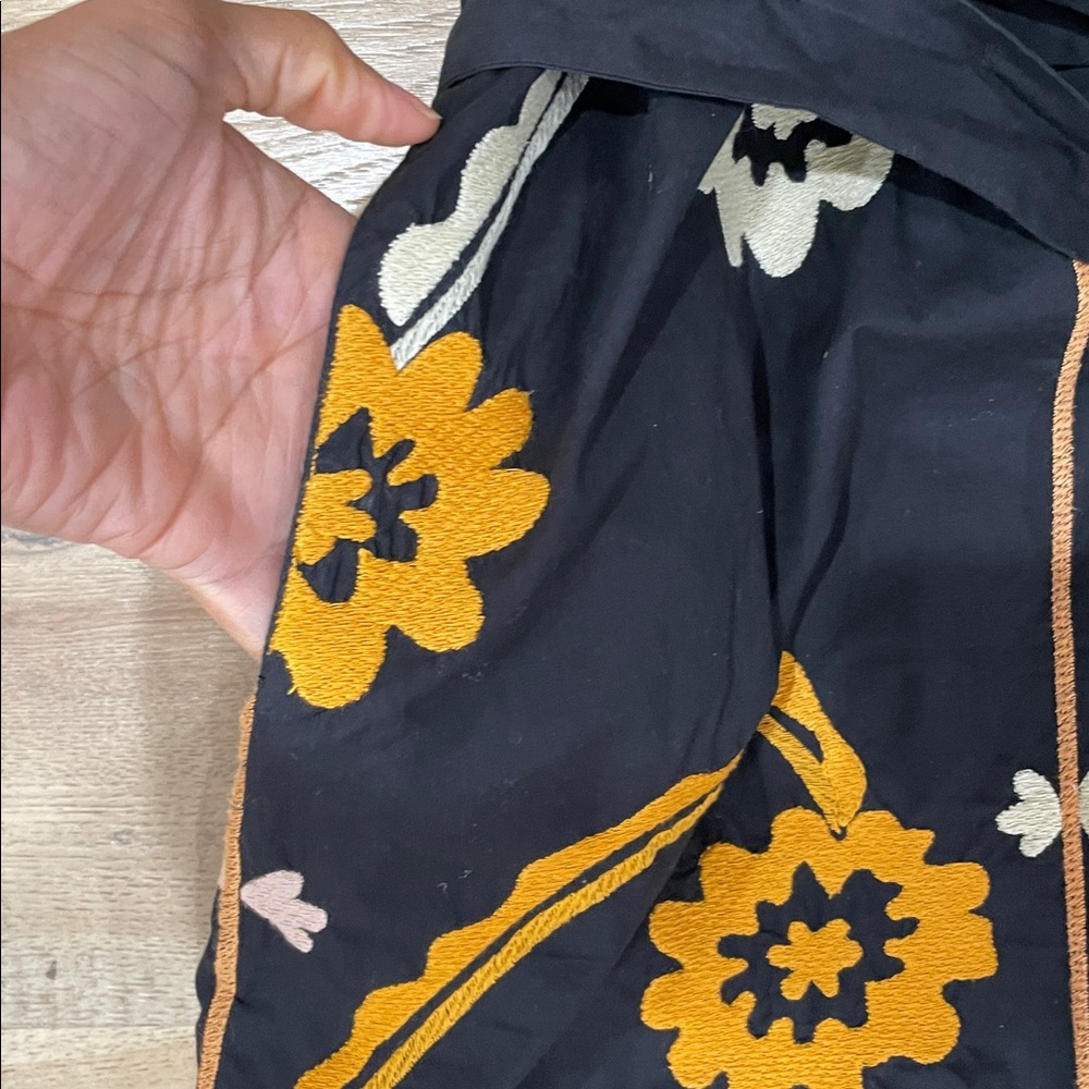 Tory Burch Belted Embroidered Cotton Midi Dress | Size XS | Black, Yellow, Cream - Picture 3 of 6